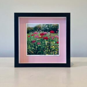 Red Cutting Garden, 9 x 9 x 2 inches, light pink mat, white lining, black shadow box frame.