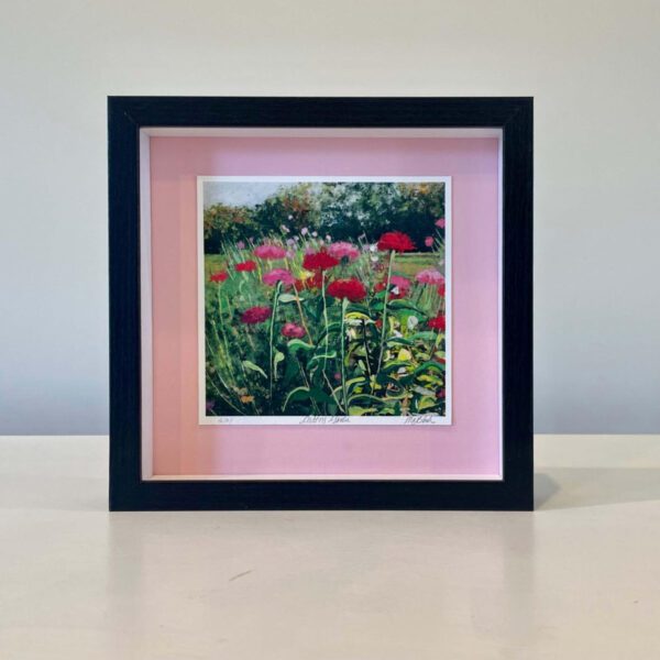 Red Cutting Garden, 9 x 9 x 2 inches, light pink mat, white lining, black shadow box frame.