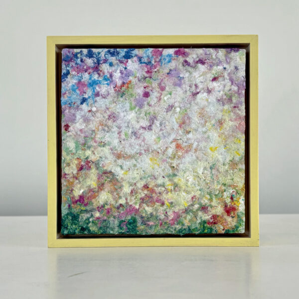 Daisies, coneflowers, and Russian sage,  7 x 7x 1 inches, yellow painted maple frame