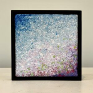 Chrysanthemum blooms, 9 x 9 x 1 inches, green painted oak floater frame