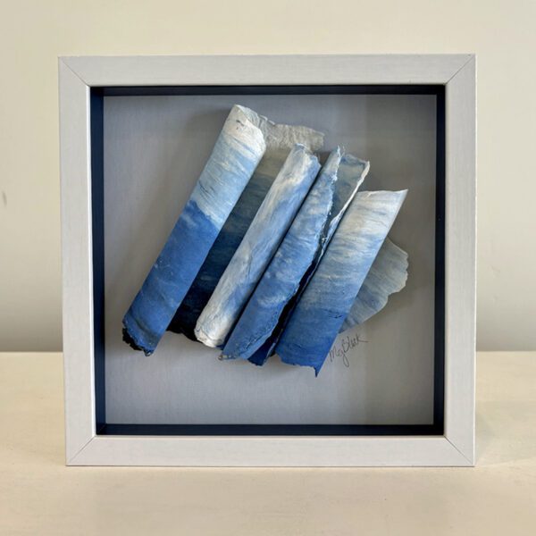 Curly Cue Waves, white shadow box frame, 9 x 9 x 2 inches