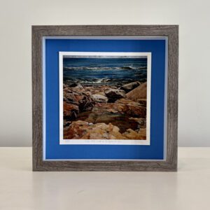 Rocks and Water as metaphor for life's Journey, blue mat, rustic frame, 9 x 9 x 1 inches