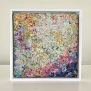 Violets and Primroses, 9 x 9 x 1 inches, white floater frame.
