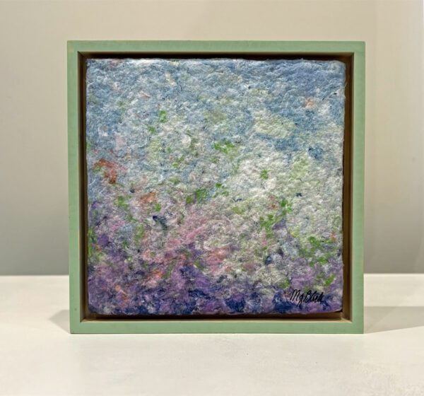 Lilacs, 7 x 7 x 1 inches. Leave green painted maple frame.