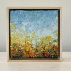 Last burst of Marigolds, 7 x 7 x 1 inches, maple floater frame