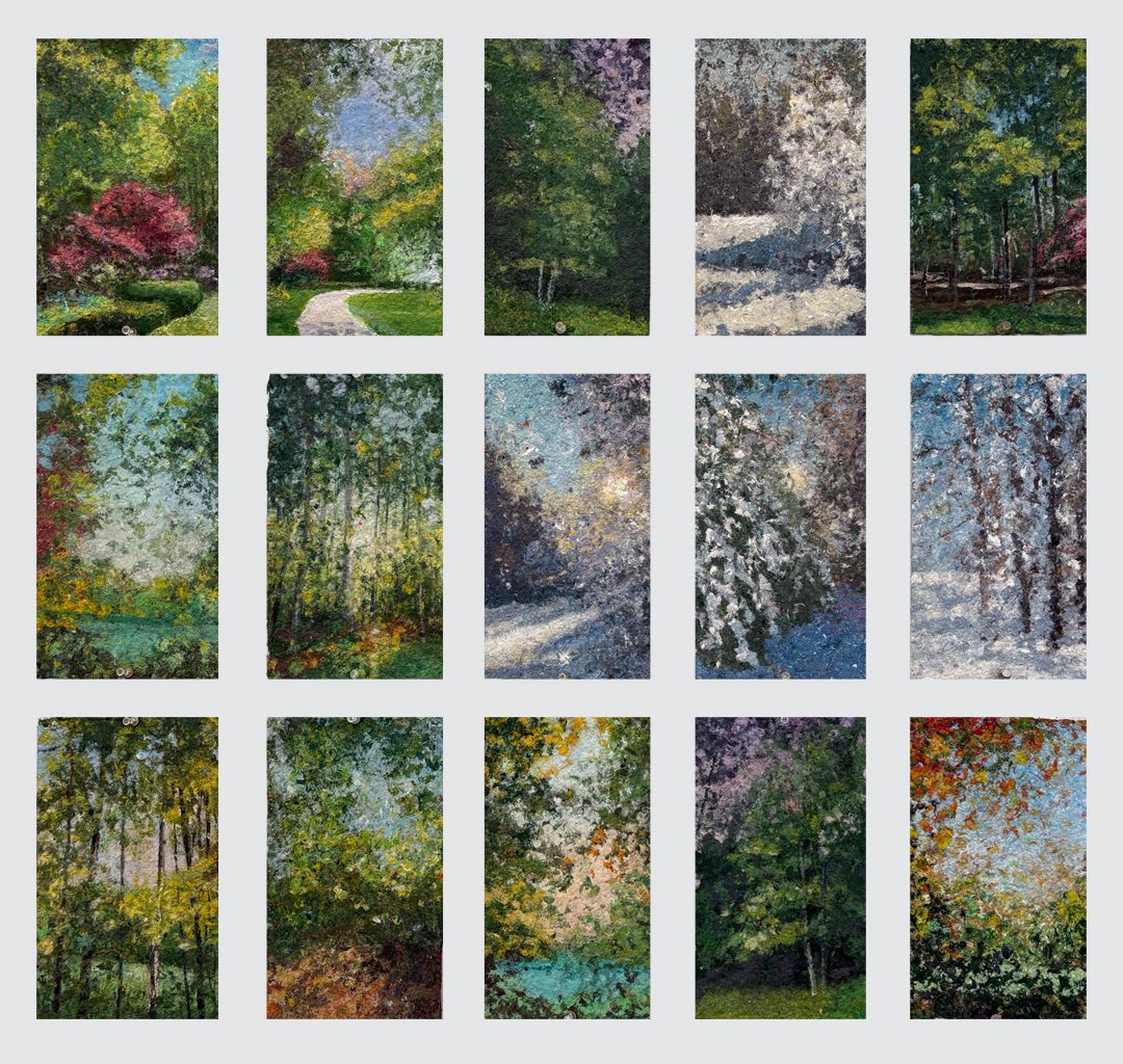 Painting of pink flowers on a wall.