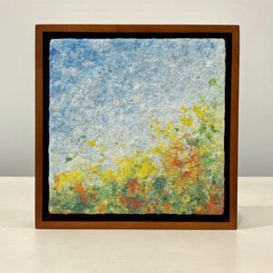 Marigolds reaching for the sky, 7 x 7 x 1 inches, mahogany floater frame