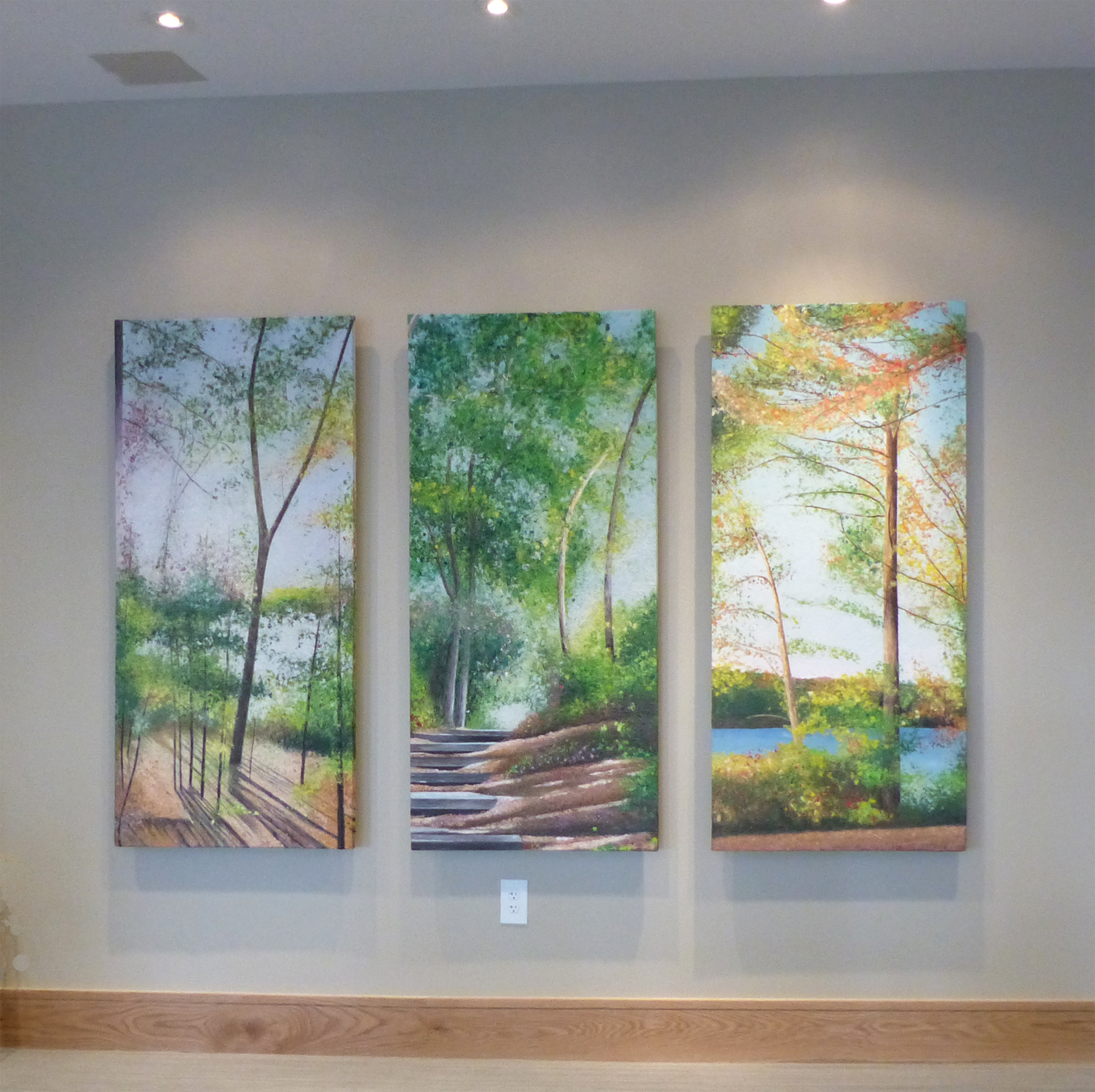Care Dimensions Hospice Center, 65 x 34 x 2 inches, 2018 131. How Paintings tell a Story, triptych, 65 x 34 inches each. Care Dimensions, Lincoln, MA.
