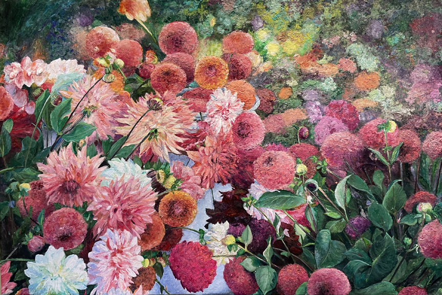 Painting of pink flowers on a wall.