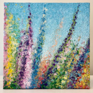 AUGUST. Gladiolus, 24 x 24 x 2 inches, custom-made white-washed floater frame.
